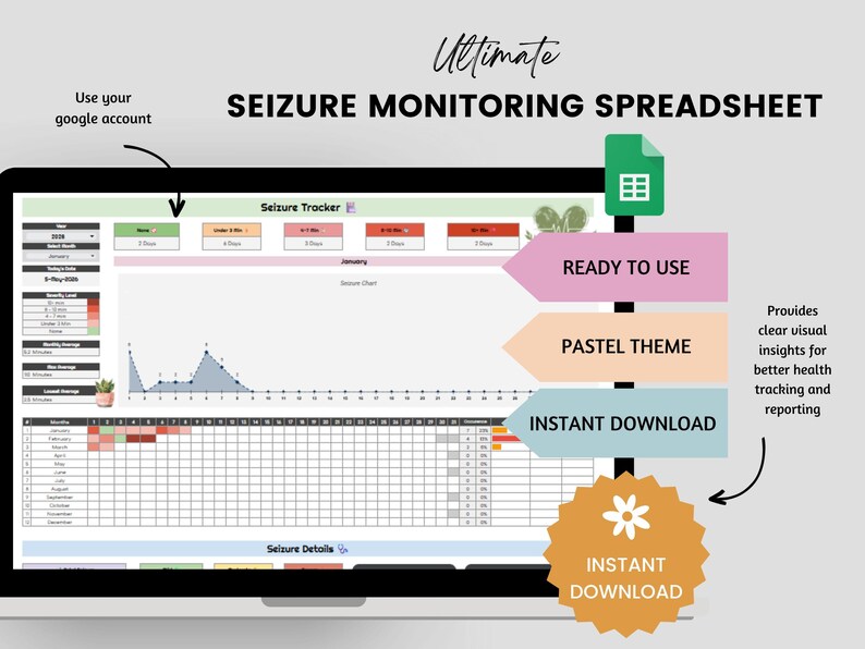 May include: A digital spreadsheet on a laptop screen, labeled "Ultimate Seizure Monitoring Spreadsheet." The design features a pastel theme, with sections for seizure tracking and details. Text includes "Ready to Use" and "Instant Download."