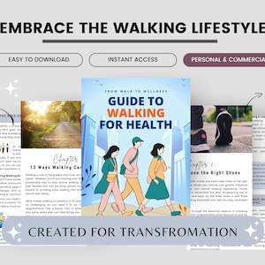 May include: An advertisement for a guide to walking for health, with the text "Embrace the Walking Lifestyle." The guide cover features illustrations of people walking. Additional text includes "Easy to Download," "Instant Access," and "Personal & Commercial."