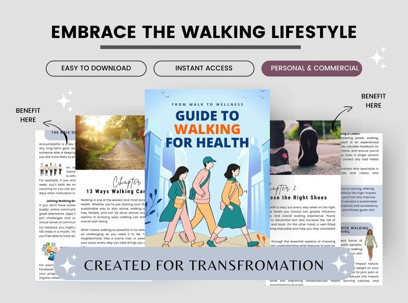 May include: An advertisement for a guide to walking for health, with the text "Embrace the Walking Lifestyle." The guide cover features illustrations of people walking. Additional text includes "Easy to Download," "Instant Access," and "Personal & Commercial."