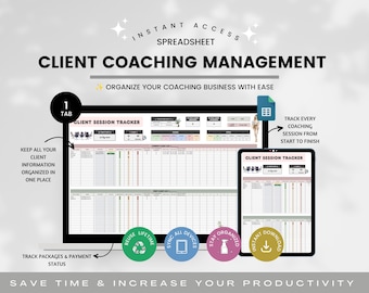 Coaching Client & Session Tracker Spreadsheet Google Sheet, Life Coach Client Management, Small Business Spreadsheet, Coach Planner Tracker