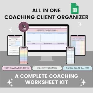 Peut inclure: Un organisateur de clients de coaching num&eacute;rique avec 12 onglets, y compris une feuille de travail sur les objectifs du programme de coaching. L'organisateur a une palette de couleurs bonbon et un menu de navigation facile. C'est un kit complet de feuilles de travail de coaching.