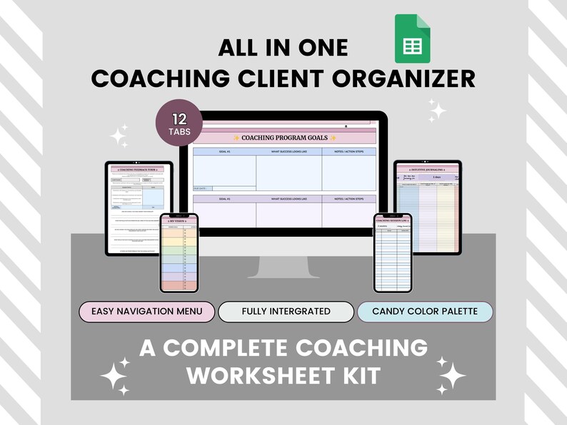 Peut inclure: Un organisateur de clients de coaching num&eacute;rique avec 12 onglets, y compris une feuille de travail sur les objectifs du programme de coaching. L'organisateur a une palette de couleurs bonbon et un menu de navigation facile. C'est un kit complet de feuilles de travail de coaching.