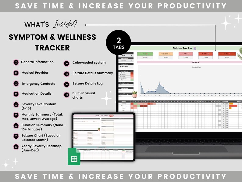 May include: A digital symptom and wellness tracker displayed on a laptop and tablet. The tracker includes sections for general information, medical details, and seizure tracking. The image also shows a spreadsheet with a seizure chart and a yearly severity heatmap.