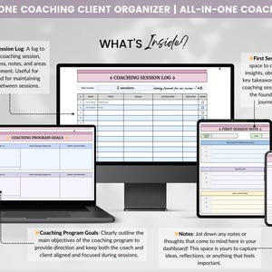 Peut inclure: Un organisateur de clients de coaching num&eacute;rique avec un sch&eacute;ma de couleurs rose et bleu. L'organisateur comprend un journal de session de coaching, des objectifs de programme de coaching, des notes de premi&egrave;re session et des pages de notes. Le texte "WHAT'S Inside?" est en haut de l'image.