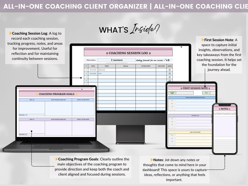 Peut inclure: Un organisateur de clients de coaching num&eacute;rique avec un sch&eacute;ma de couleurs rose et bleu. L'organisateur comprend un journal de session de coaching, des objectifs de programme de coaching, des notes de premi&egrave;re session et des pages de notes. Le texte "WHAT'S Inside?" est en haut de l'image.