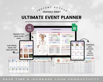 Planilha de planejamento de eventos, planilha do Google para planejamento de festas, controle de orçamento, lista de fornecedores, lista de convidados, cronograma para casamento, aniversário e chá de bebê.
