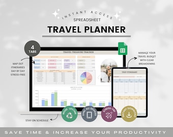 Travel Planner Google Sheets, Travel Tracker Spreadsheet, Holiday Organizer, Travel Budget Spreadsheet, Travel Itinerary, Packing List