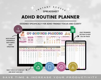 Planilha de planejamento para TDAH, planejador de rotina diária, planejador de produtividade, planilha do Google para planejamento de vida, rastreador de crescimento pessoal e atenção plena.