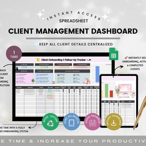 May include: A digital client management dashboard spreadsheet displayed on a computer monitor and tablet. The interface features a Client Onboarding and Follow-Up Tracker with tables, charts, and status columns. A gold pen rests beside the tablet.