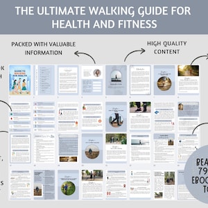 May include: A digital ebook titled "The Ultimate Walking Guide for Health and Fitness" with 79 pages. The cover features illustrations of people walking. The guide promises high-quality content, valuable information, and ready-to-use content for blog posts, emails, and captions.