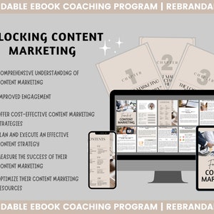 K&ouml;nnte beinhalten: Ein digitales Marketing-Ebook-Coaching-Programm mit beigefarbenem Hintergrund und dem Titel "Unlocking Content Marketing". Das Ebook-Cover zeigt einen Computerbildschirm, ein Telefon und ein Tablet, die jeweils ein anderes Kapitel des Ebooks anzeigen. Das Ebook ist rebrandbar.