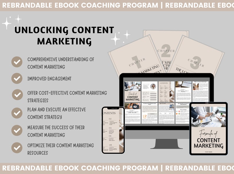K&ouml;nnte beinhalten: Ein digitales Marketing-Ebook-Coaching-Programm mit beigefarbenem Hintergrund und dem Titel "Unlocking Content Marketing". Das Ebook-Cover zeigt einen Computerbildschirm, ein Telefon und ein Tablet, die jeweils ein anderes Kapitel des Ebooks anzeigen. Das Ebook ist rebrandbar.