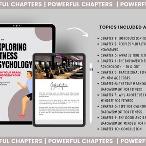 May include: A digital tablet displaying a book cover with the title "Exploring Fitness Psychology: Train Your Brain, Transform Your Body". The cover features a cartoon illustration of a person exercising in a gym. The tablet is on a gray background with the text "Powerful Chapters" repeated three times.