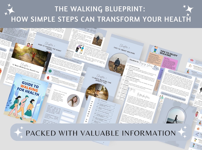 May include: A collection of informational pages titled "The Walking Blueprint: How Simple Steps Can Transform Your Health." The pages include chapters, checklists, and a guide to walking for health. The text "Packed with Valuable Information" is also visible.
