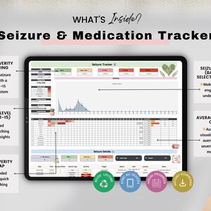 May include: A digital tablet displaying a "Seizure & Medication Tracker" interface. The screen shows charts, graphs, and data fields for tracking seizure severity, medication, and other health metrics. The interface includes features for monitoring, tracking, and visualizing data.