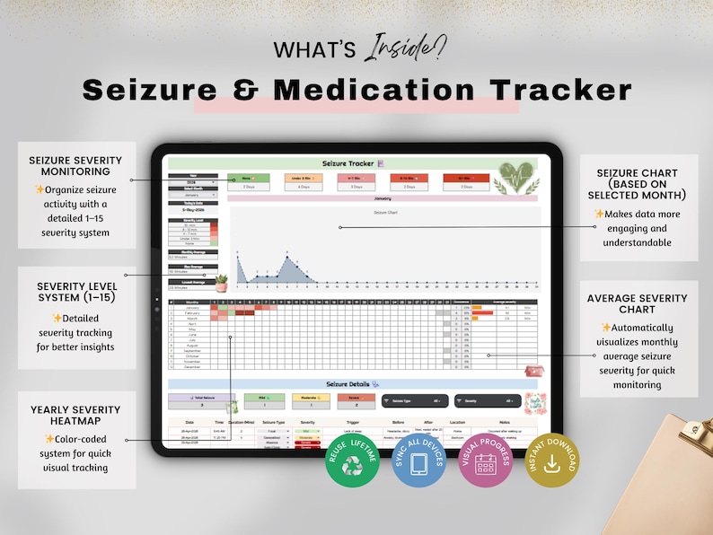 May include: A digital tablet displaying a "Seizure & Medication Tracker" interface. The screen shows charts, graphs, and data fields for tracking seizure severity, medication, and other health metrics. The interface includes features for monitoring, tracking, and visualizing data.