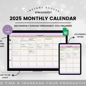 2025 Monthly Calendar Spreadsheet, 2025 Planner, Task Planner Spreadsheet, To Do List, Task Tracker, Productivity Planner, Digital Planner