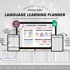 May include: A digital language learning planner for Google Sheets featuring a main dashboard with ten tabs, vocabulary and grammar tracking sections, progress charts, and sentence templates. The interface includes pastel-colored boxes and organized tables for tracking study sessions, reading, and listening goals.