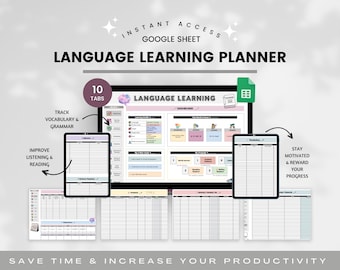 Language Study Planner Google Sheets Template, Vocabulary Tracker Spreadsheet, Grammar & Language Learning Progress Planner, Study Tracker