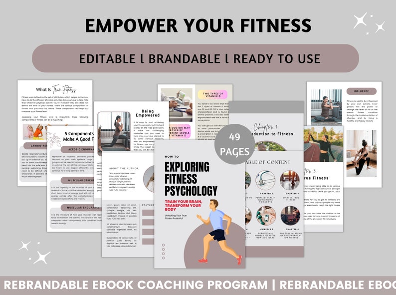 May include: A pink and gray ebook cover with the title "Empower Your Fitness" and the text "Editable | Brandable | Ready to Use". The cover features a table of contents, a running person, and a woman doing a yoga pose. The ebook is 49 pages long.