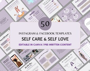 50 Self Care Instagram Templates, Self-love Quotes, Self Care Content, Social Media Content, DFY Inspirational Brandable Motivation Posts