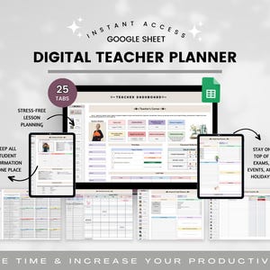 Digital Teacher Planner Spreadsheet, Lesson Planner, Weekly & Monthly Planning, Gradebook, Attendance Checklist, Teacher Organizer Toolkit