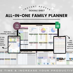 Family Planner Google Sheets, Family Calendar, Family Chore List, Household Planner, Family Budget Spreadsheet, Child Kids Organizer, Meal