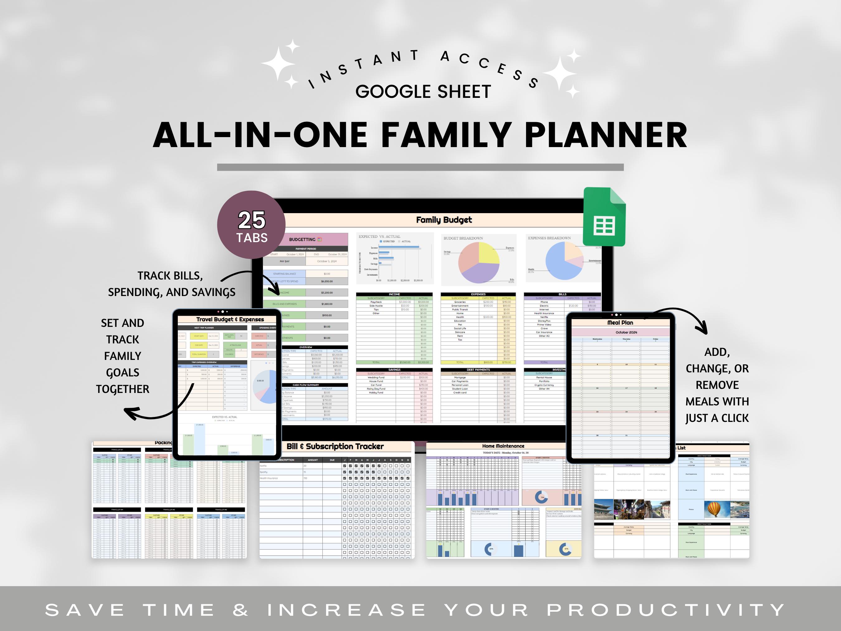 Family Planner Google Sheets, Family Calendar, Family Chore List, Household Planner, Family Budget Spreadsheet, Child Kids Organizer, Meal