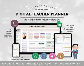 Digital Teacher Planner Spreadsheet, Lesson Planner, Weekly & Monthly Planning, Gradebook, Attendance Checklist, Teacher Organizer Toolkit