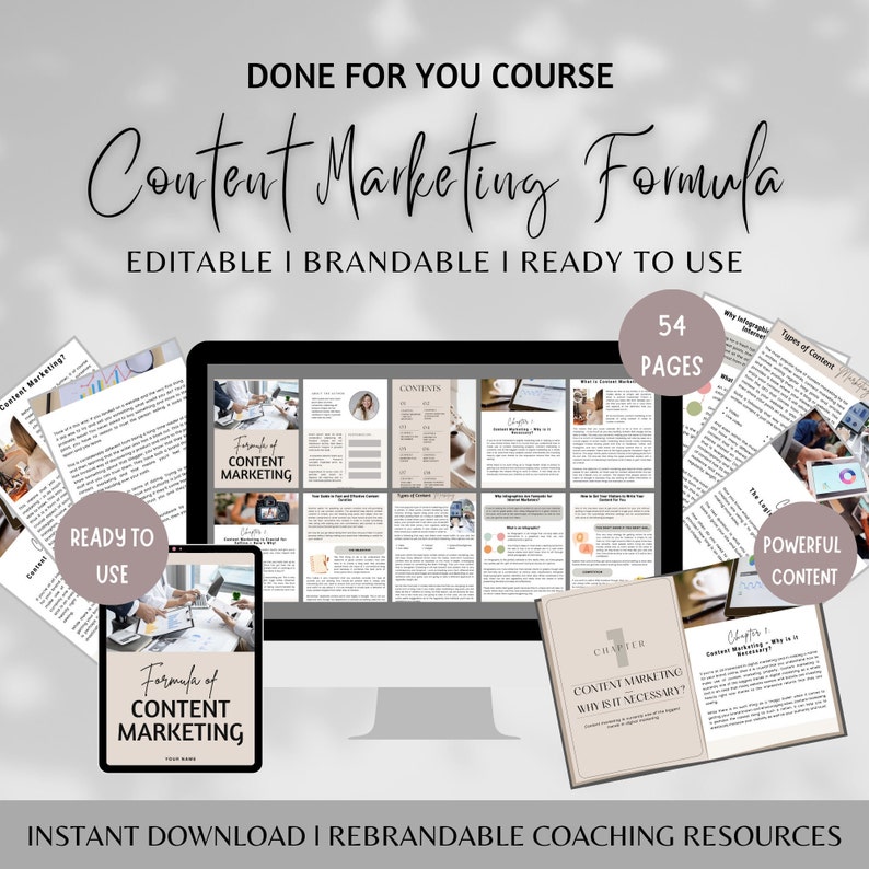 K&ouml;nnte beinhalten: Ein digitaler Marketingkurs mit dem Titel "Formula of Content Marketing" mit 54 Seiten Inhalt. Der Kurs wird als digitaler Download angeboten und ist sofort einsatzbereit. Der Kurs ist editierbar und kann mit einem eigenen Branding versehen werden. Das Bild zeigt einen Computerbildschirm, ein Tablet und mehrere Seiten des Kurses.