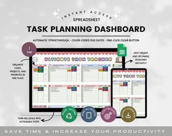 Planilha de controle de tarefas, planejador de produtividade, gerenciador de tarefas do Google Sheets, modelo de lista de tarefas para quem tem TDAH, planejador de tarefas
