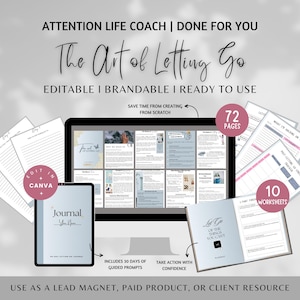 May include: A digital product titled "The Art of Letting Go" with the text "Editable, Brandable, Ready to Use." The image shows a computer screen, a tablet, and printed pages. The product includes 72 pages, 10 worksheets, and 30 days of guided prompts.
