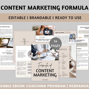 K&ouml;nnte beinhalten: Ein E-Book-Cover f&uuml;r digitales Marketing mit beigefarbenem Hintergrund und dem Text "Content Marketing Formula" in Schwarz. Das Cover zeigt ein Foto von Personen, die an einem Laptop und einem Diagramm arbeiten, sowie den Text "54 Seiten" in einem grauen Kreis.
