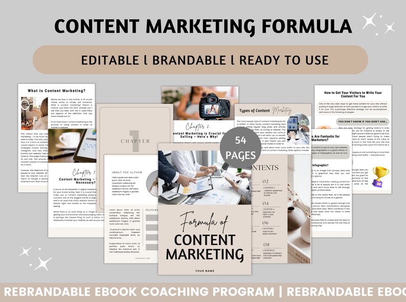 K&ouml;nnte beinhalten: Ein E-Book-Cover f&uuml;r digitales Marketing mit beigefarbenem Hintergrund und dem Text "Content Marketing Formula" in Schwarz. Das Cover zeigt ein Foto von Personen, die an einem Laptop und einem Diagramm arbeiten, sowie den Text "54 Seiten" in einem grauen Kreis.
