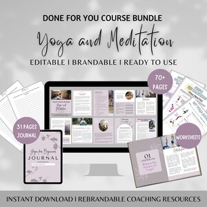 Könnte beinhalten: Ein digitales Marketing-Produktpaket für einen Yoga- und Meditationskurs. Das Paket beinhaltet ein 31-seitiges Journal, über 70 Seiten Arbeitsblätter und einen digitalen Kurs mit einem lila und weißen Farbschema. Der Text auf dem Bild lautet "Fertiges Kurspaket, Yoga und Meditation, Bearbeitbar | Markenfähig | Einsatzbereit, Über 70 Seiten, 31 Seiten Journal, Yoga für Anfänger Journal, Kapitel 1 Was ist die Wissenschaft des Yoga, Sofortiger Download | Wiederverwendbare Coaching-Ressourcen, Arbeitsblätter".