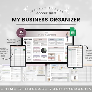 Op de afbeelding: Digitale business organizer met de tekst "MY BUSINESS ORGANIZER". De afbeelding toont een Google Sheet dashboard met 15 tabbladen, inclusief financiële overzichten en budgetteringstools. De organizer helpt bij het volgen van team, partners en belangrijke documenten.