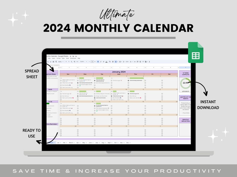 2024 Monthly Calendar Spreadsheet, Google Sheets, Task Planner