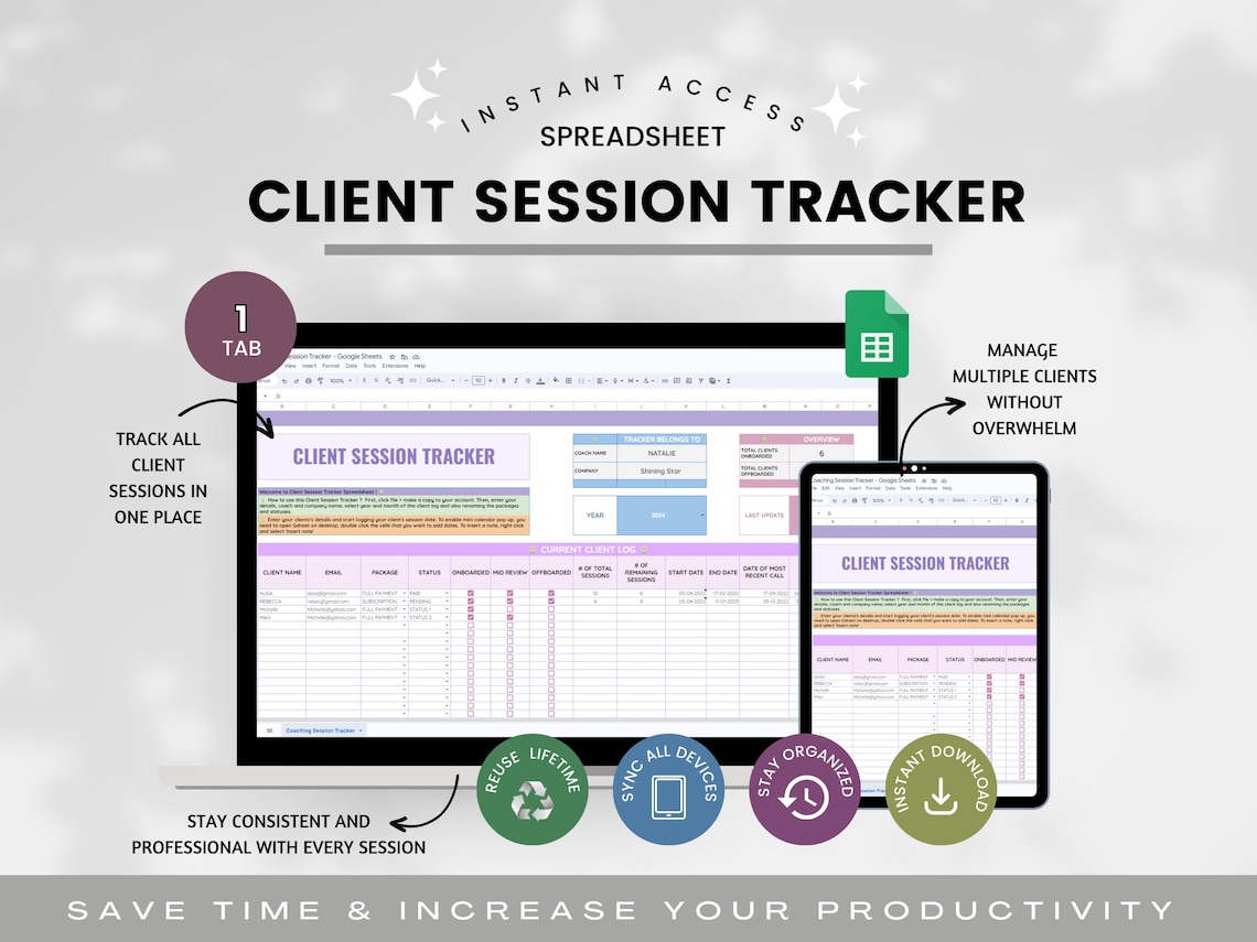 Client Session Tracker Spreadsheet for Coaches, Client Management ...