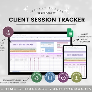 Hoja de cálculo de seguimiento de sesiones de clientes para coaches, gestión de clientes, hoja de cálculo para pequeñas empresas, planificador de coaches, planificador de clientes y lista de clientes.
