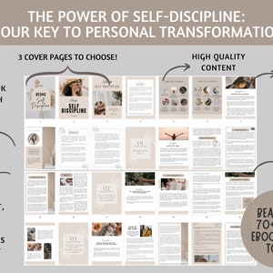 Puede incluir: Una maqueta de producto digital que presenta un libro de trabajo titulado "Ser autodisciplinado" con tres opciones de portada diferentes. El libro de trabajo est&aacute; dise&ntilde;ado para ayudar a las personas a desarrollar la autodisciplina y lograr una transformaci&oacute;n personal. La imagen tambi&eacute;n incluye texto que destaca los beneficios de usar el libro de trabajo, como ahorrar tiempo, energ&iacute;a y dinero.