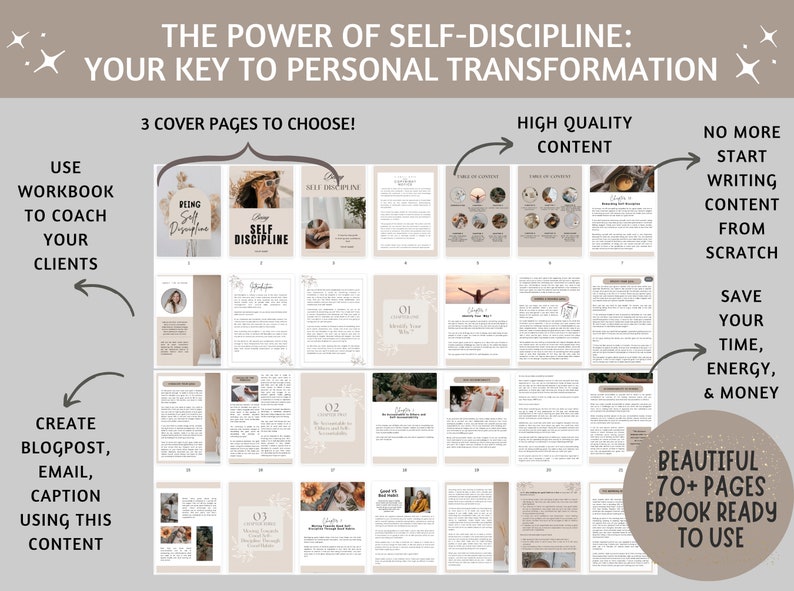 Puede incluir: Una maqueta de producto digital que presenta un libro de trabajo titulado "Ser autodisciplinado" con tres opciones de portada diferentes. El libro de trabajo est&aacute; dise&ntilde;ado para ayudar a las personas a desarrollar la autodisciplina y lograr una transformaci&oacute;n personal. La imagen tambi&eacute;n incluye texto que destaca los beneficios de usar el libro de trabajo, como ahorrar tiempo, energ&iacute;a y dinero.