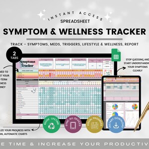 Puede incluir: Una hoja de cálculo digital de seguimiento de síntomas y bienestar que se muestra en una tableta y un monitor de computadora. El texto incluye "Symptom & Wellness Tracker" y "Save Time & Increase Your Productivity". Un bolígrafo dorado descansa sobre la superficie.