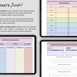 Peut inclure: Un planificateur num&eacute;rique avec des sections pour la d&eacute;finition d'objectifs, la tenue d'un journal intuitif et des notes de session. Le planificateur pr&eacute;sente un sch&eacute;ma de couleurs pastel avec des accents roses, bleus et jaunes.