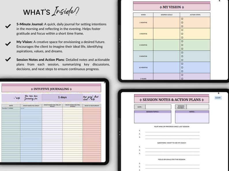Peut inclure: Un planificateur num&eacute;rique avec des sections pour la d&eacute;finition d'objectifs, la tenue d'un journal intuitif et des notes de session. Le planificateur pr&eacute;sente un sch&eacute;ma de couleurs pastel avec des accents roses, bleus et jaunes.
