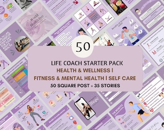 50 Life Coach Health and Fitness Instagram Canva Templates | Life Coach Instagram Post Templates|Social Media Post | Coaching Instagram Post