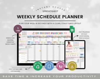 Planilha de planejamento digital semanal, rastreador de agenda diária, planejador semanal de blocos de tempo para TDAH, lista de tarefas, modelo de planilha para produtividade