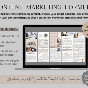 K&ouml;nnte beinhalten: Ein Laptop-Bildschirm zeigt eine digitale Ebook-Vorlage f&uuml;r Content-Marketing. Die Vorlage ist f&uuml;r Canva konzipiert und verf&uuml;gt &uuml;ber ein hellbraunes Farbschema mit dem Titel "Formulas of Content Marketing". Der Text "54 ebook pages fully editable templates for canva.com" wird unterhalb des Laptops angezeigt.