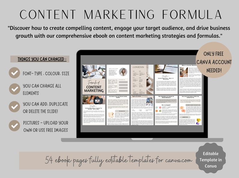K&ouml;nnte beinhalten: Ein Laptop-Bildschirm zeigt eine digitale Ebook-Vorlage f&uuml;r Content-Marketing. Die Vorlage ist f&uuml;r Canva konzipiert und verf&uuml;gt &uuml;ber ein hellbraunes Farbschema mit dem Titel "Formulas of Content Marketing". Der Text "54 ebook pages fully editable templates for canva.com" wird unterhalb des Laptops angezeigt.