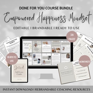 Puede incluir: Un paquete de productos digitales para un curso sobre la felicidad y la mentalidad. El paquete incluye 38 páginas de contenido, hojas de trabajo y sugerencias. El texto en la pantalla dice "Empowered Happiness Mindset".