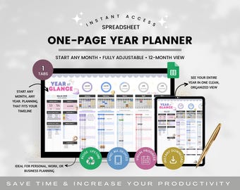 Planilha de planejamento anual para o Google Sheets, calendário anual, modelo digital de visão geral do ano, planilha de planejamento de 12 meses